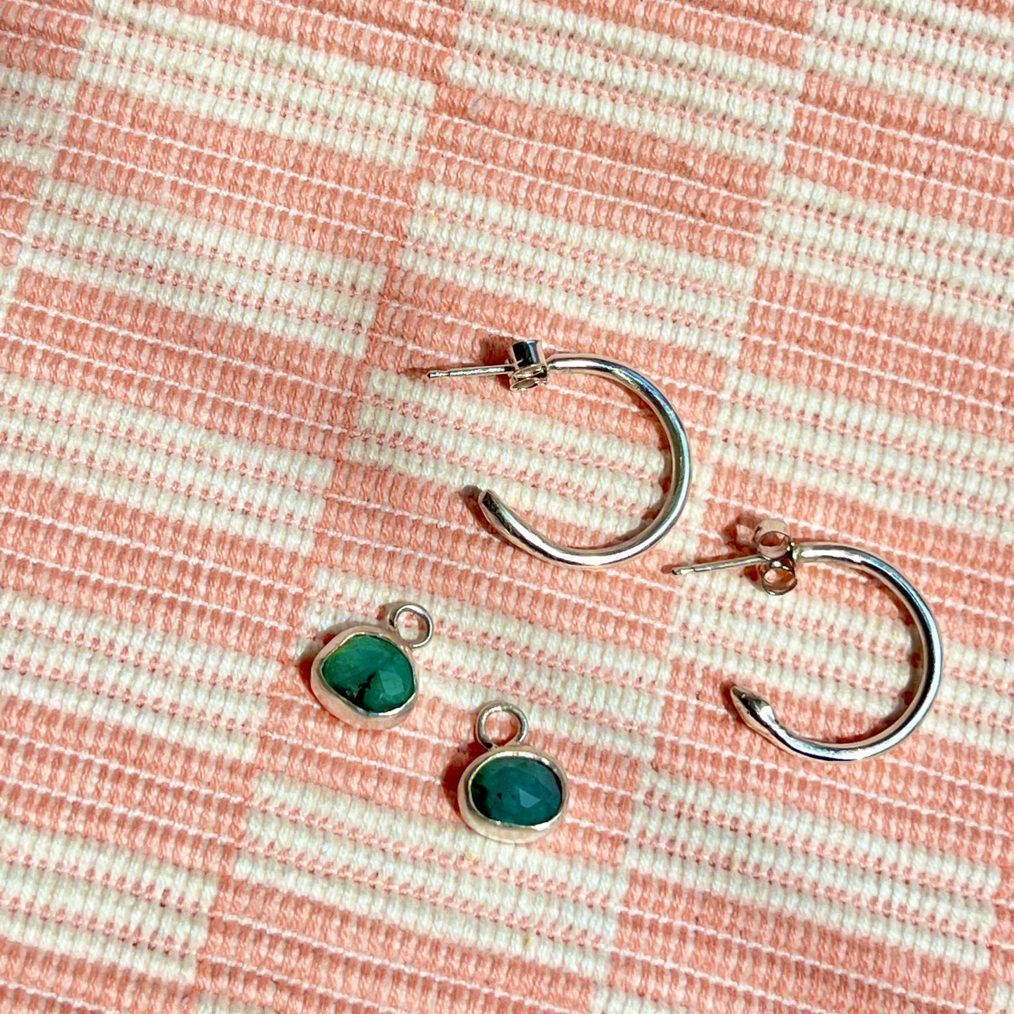 Silver and emerald charm hoops