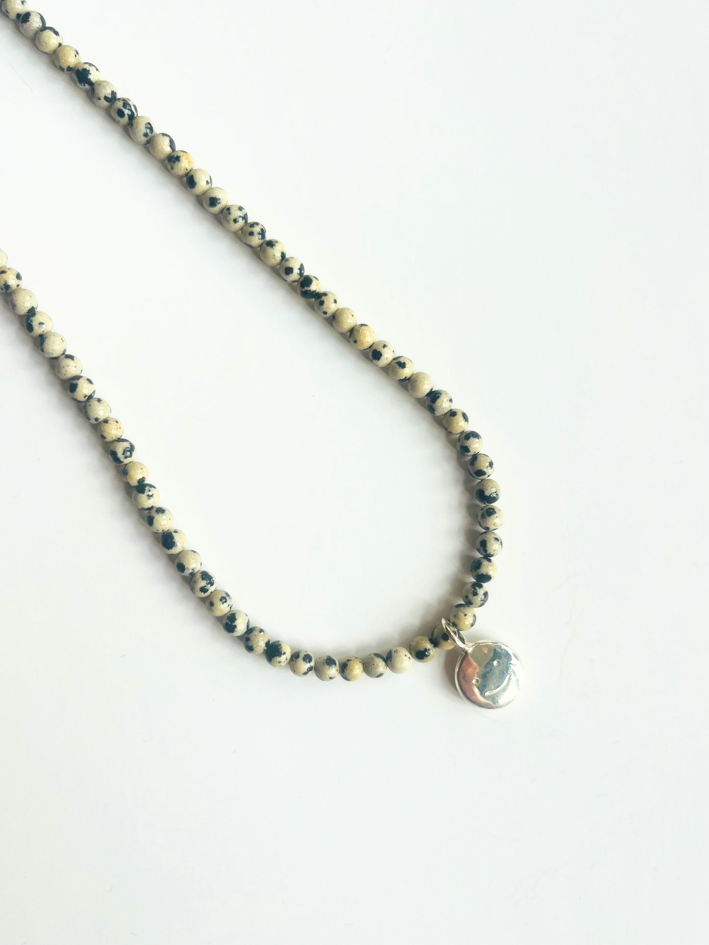 Dalmatian Jasper beaded smiley necklace (silver)