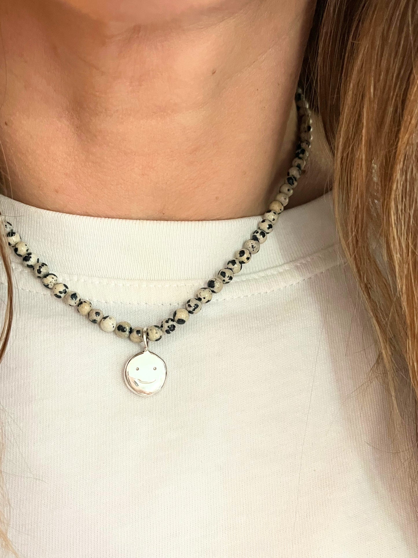Dalmatian Jasper beaded smiley necklace (silver)